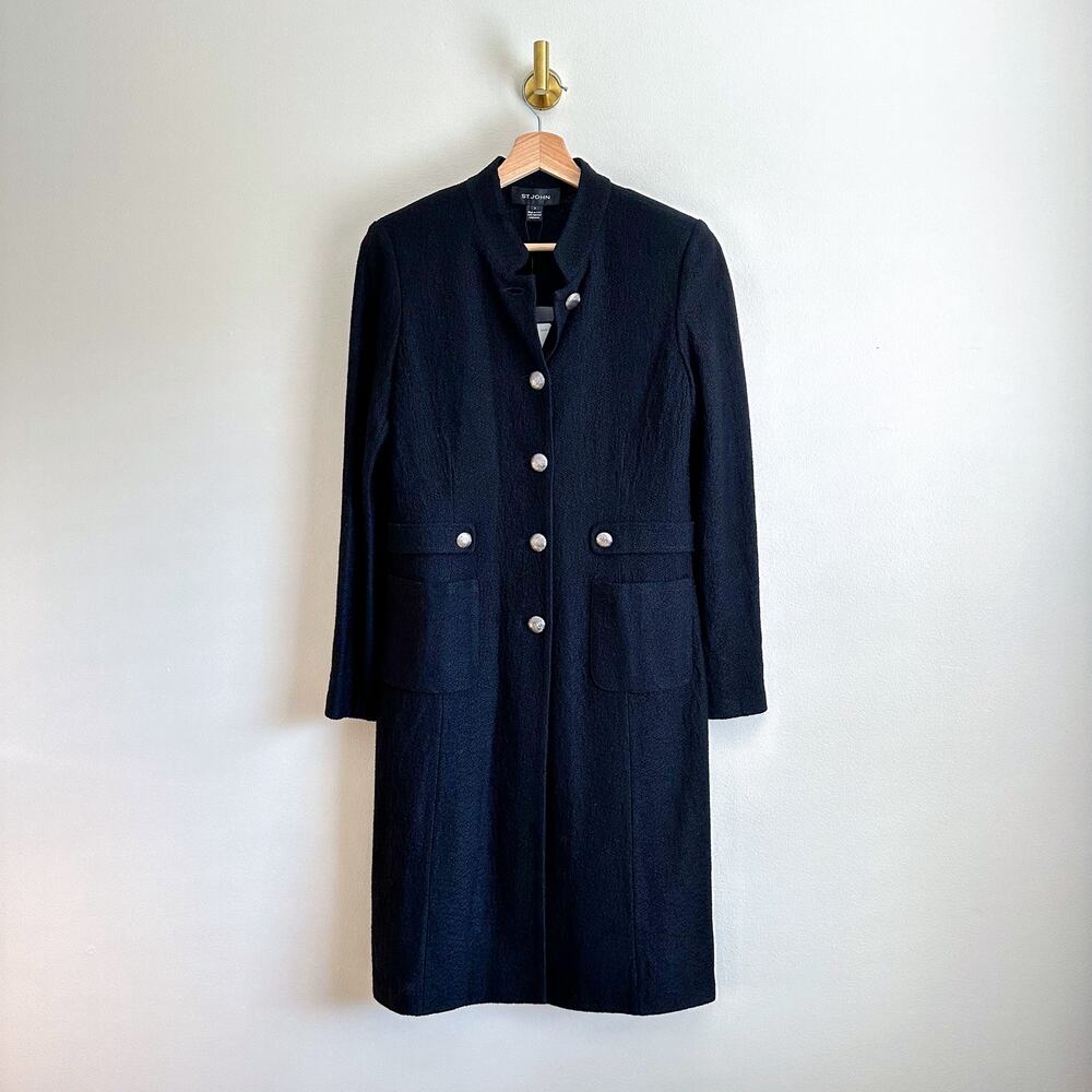 ST. JOHN Button Front Pockets Long Sleeve Dress Caviar Line 8 - Picture 2 of 16